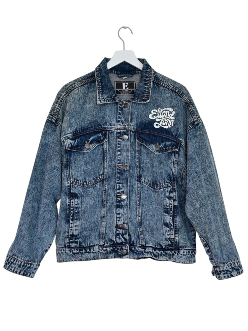 Elton John Acid Wash Trucker Retro Jean Jacket Double Sided Name Spell Out Sz XL